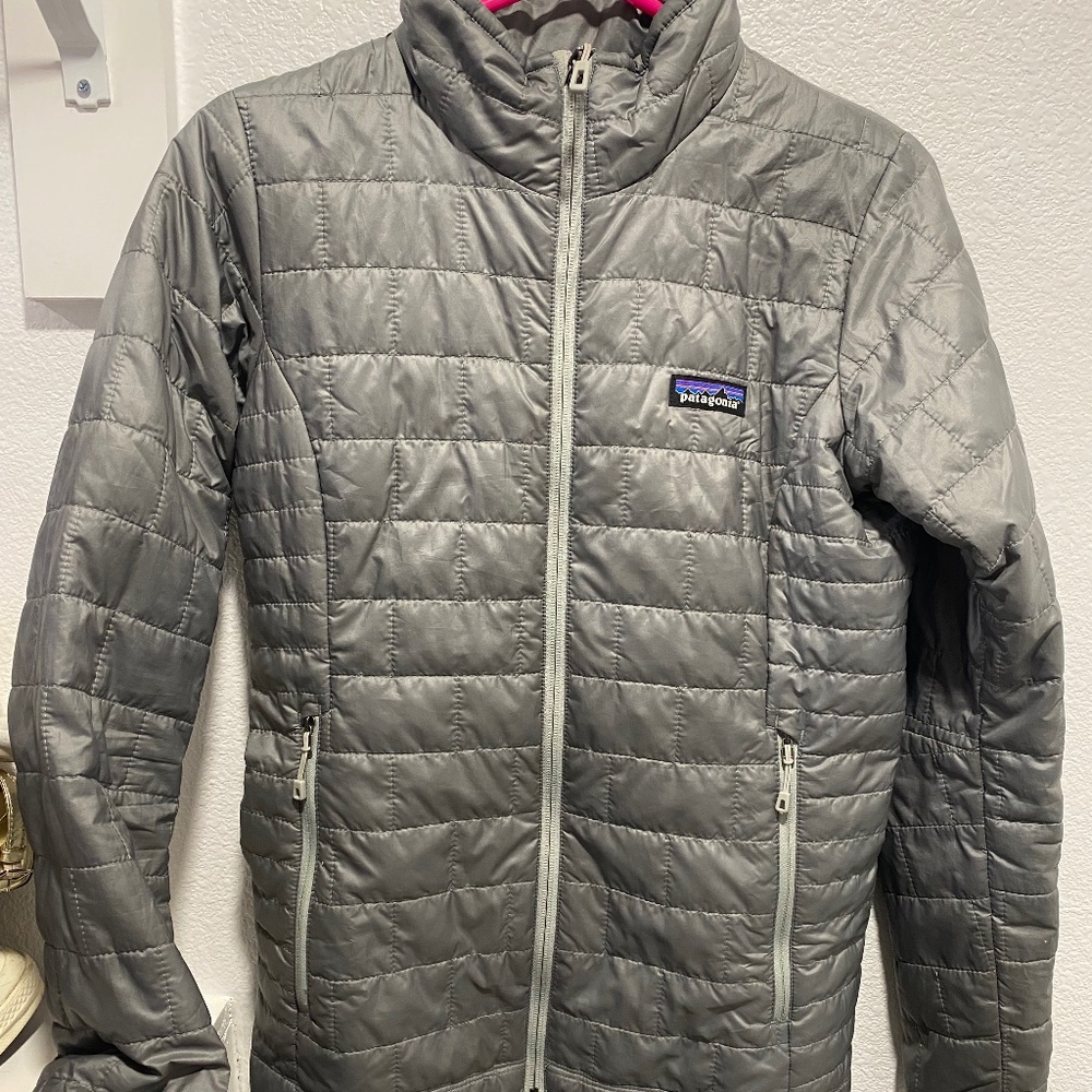 Grey silver thin Patagonia zip up jacket, size XS